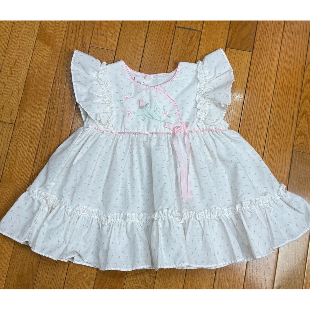 Vintage Toddler Girls White Pink Floral Embroidered Ruffle Dress Size‎ 4T